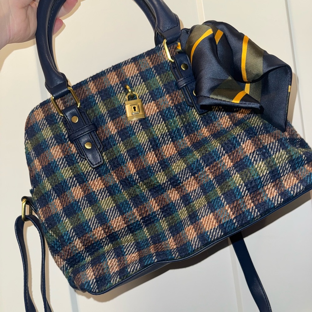 Plaid Checkered Handbag with Scarf Accent